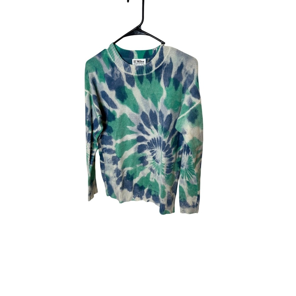 27 Miles Malibu Womens 100% Cashmere Tie Dye Spiral Sweater Blue Green Crew Neck